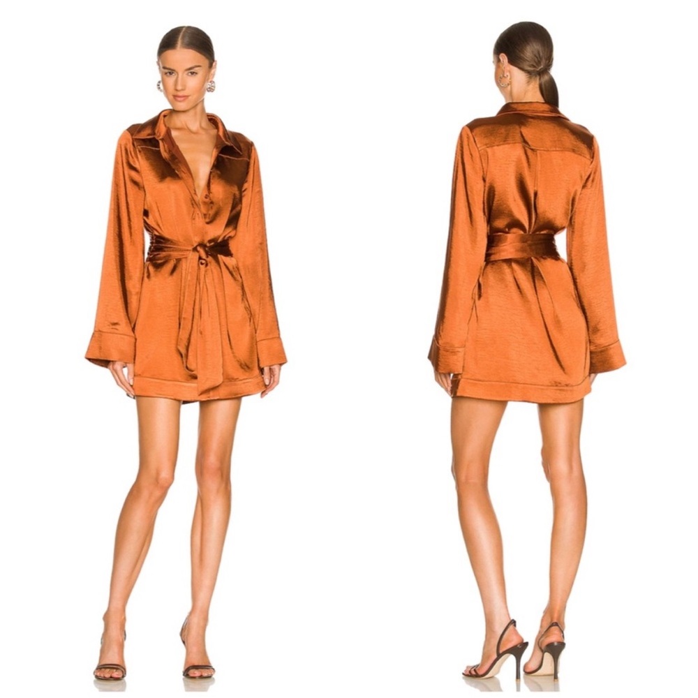 Camila Coelho Priscilla Satin Mini Dress in Brown